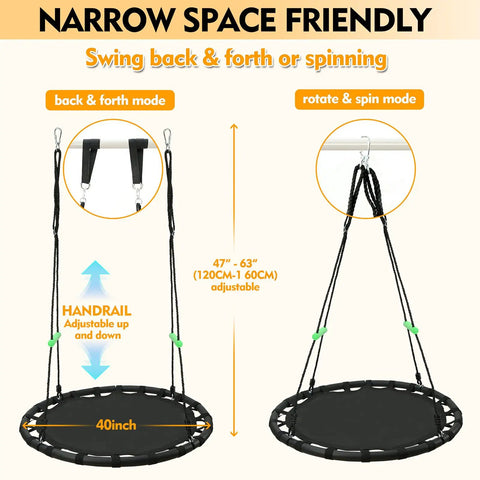 Black Round Saucer Swing With Handles For Backyard Fun, Built Tough Steel Frame, 40 Inch Diameter, Adjustable Ropes