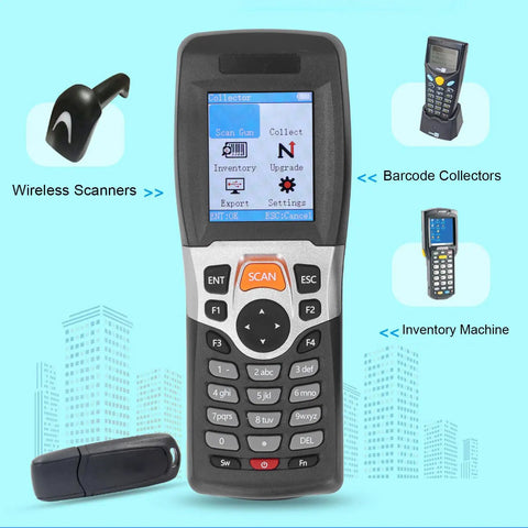Wireless Barcode Scanner With 2.2 Inch Color TFT Screen for Quick Warehouse Inventory Tracking shown with USB cable.