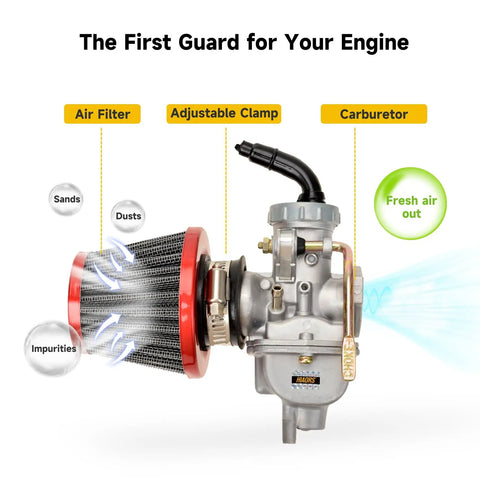 PZ20 Carburetor Kit Fits 50cc to 125cc Chinese Kids ATVs Quad Go Karts With 4 Stroke Engines, shown with air filter and clamp