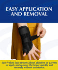 Child wearing Kid Sized Thumb Spica Wrist Splint For Sprains And Tendonitis, Left Wrist Immobilizer, showing ease of use.