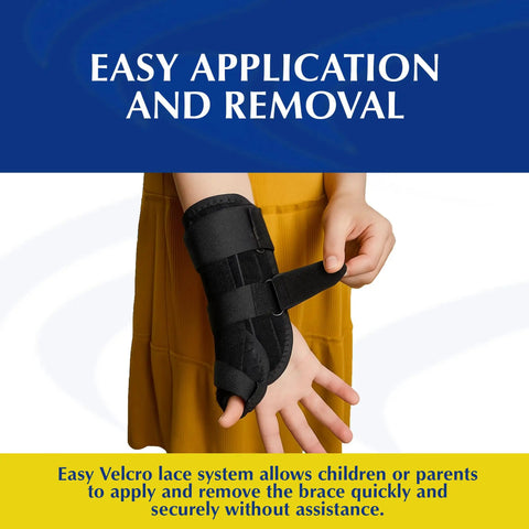 Child wearing Kid Sized Thumb Spica Wrist Splint For Sprains And Tendonitis, Left Wrist Immobilizer, showing ease of use.