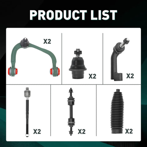 12 Piece Front Upper Control Arm Suspension Kit For 2009 2014 Ford F150 4WD Not Raptor With Ball Joint Includes Front Sway Bar Links Outer And Inner Tie Rods Rack And Pinion Boots Bellows Built For A Tough Smooth Ride product display