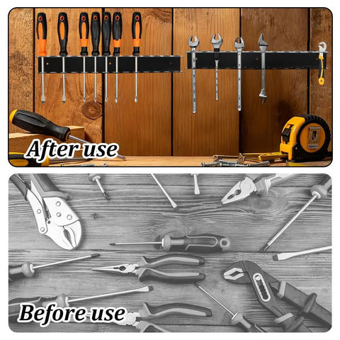 2 Pack Wall Mount Screwdriver Organizer And Heavy Duty Iron Tool Holder 15.75 Inch Long with tools organized and scattered.