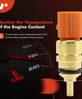 Front view of a four-pin engine coolant temperature sensor with orange connector, brass body, and O-ring.