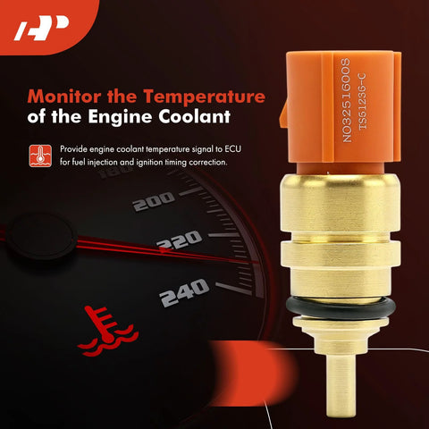 Front view of a four-pin engine coolant temperature sensor with orange connector, brass body, and O-ring.