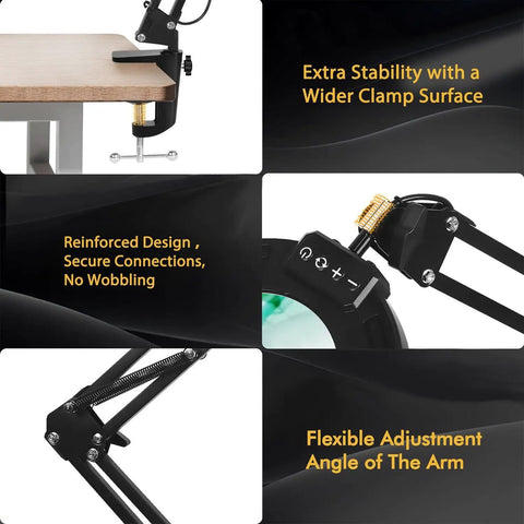 Close-up of 12X Magnifying Glass With Light And Stand showing clamp, reinforced design, and adjustable arm for crafting and DIY projects.