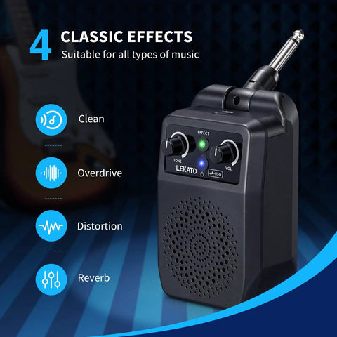 Mini 5W Electric Guitar Amp With Bluetooth showcasing front view with clean, distortion, overdrive, and reverb effects.