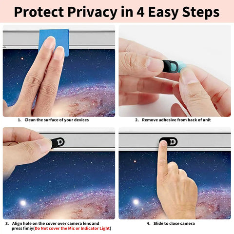 Step-by-step instructions for Super Slick Six Pack Webcam Slides installation on devices, showcasing privacy use.