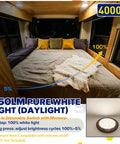 Interior view with bed illuminated by Durable Dimmable 5 Inch Black Round 12V RV Ceiling Light With Surface Mount LED Fixture.