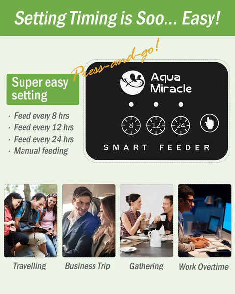 Automatic Fish Feeder For Home Tank Programmable Timer Setup Fine Tune Portions On The Fly Ideal For Weekend Getaways showing easy setting options.