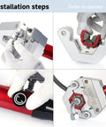 Installation steps for Manual AC Hose Crimper Kit With Pipe Cutter And Seven Dies, close-up of die and fittings crimping.