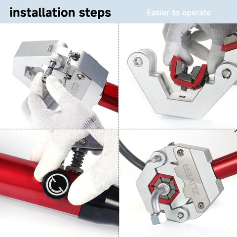 Installation steps for Manual AC Hose Crimper Kit With Pipe Cutter And Seven Dies, close-up of die and fittings crimping.