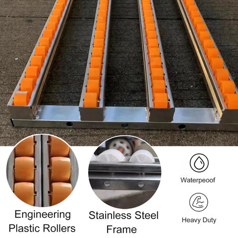 Ace Of The Dock Portable Gravity Conveyor Belt 16 Inch Wide 4 Foot Foldable Frame, showcasing engineering plastic rollers on a stainless steel frame.