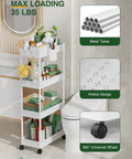 Slim Rolling Storage Cart Four Tiers For Narrow Spaces Mobile Bathroom And Kitchen Organizer With Slide Out Shelves White Finish
