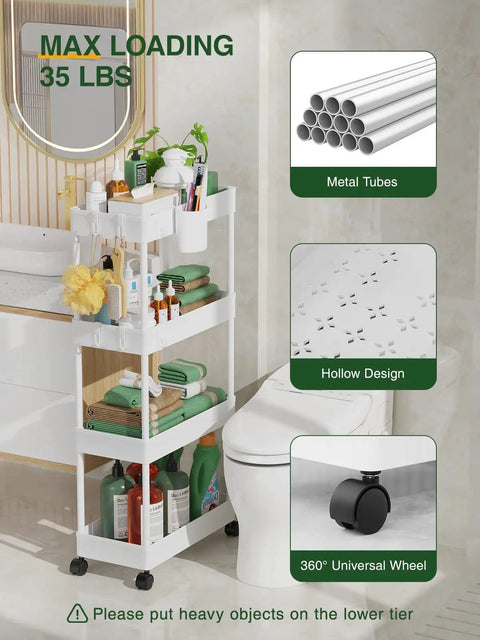 Slim Rolling Storage Cart Four Tiers For Narrow Spaces Mobile Bathroom And Kitchen Organizer With Slide Out Shelves White Finish