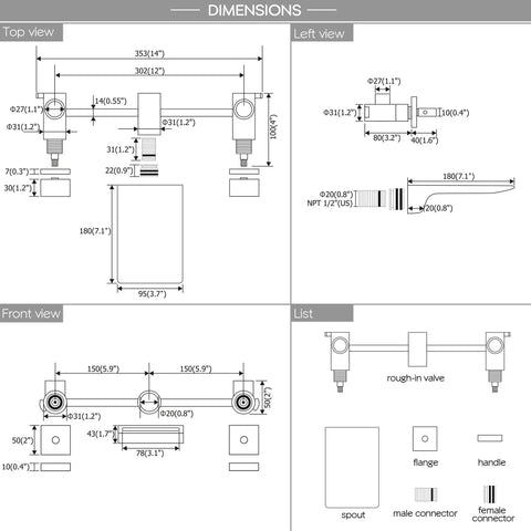 Dimensions diagram of the Two Handle Waterfall Wall Mount Tub Faucet In Brushed Nickel, Dope Look, Easy Install Bathroom Waterfall Filler