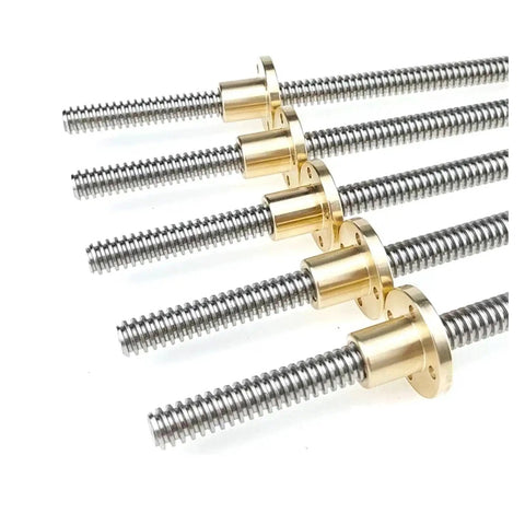Rock Solid Trapezoidal T20 Stainless Steel Lead Screw With Snug Brass Nut 4Mm Pitch And 4Mm Lead Measuring 1000Mm Long, 5 pieces displayed.