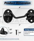 Bulletproof 3 Inch Hook And Eye Gate Latch Straight Up Heavy Duty Barn Door Lock with dimensions and included screws.