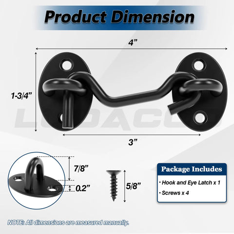 Bulletproof 3 Inch Hook And Eye Gate Latch Straight Up Heavy Duty Barn Door Lock with dimensions and included screws.