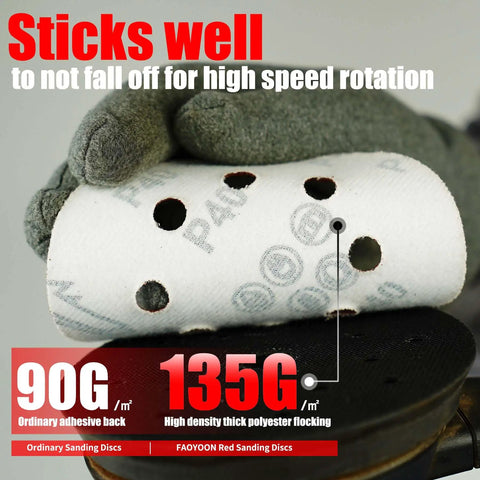 Close-up of 5 Inch 8 Hole Orbital Sanding Discs showing adhesive strength and durability, 100 Pcs Hook And Loop Sandpaper For Woodworking