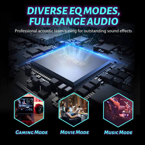 Diverse EQ modes for 32W PC Gaming Speakers With RGB Lights For Laptop Mac Or Desktop, Bluetooth USB 3.5mm AUX Input, diverse sound modes