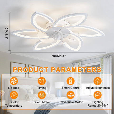 Low Profile Bladeless Ceiling Fan With Lights And Remote Control 6 Speed Wind 3 Color Temperatures Quiet Reversible DC Motor Flush Mount Smart Timing 66W White installed in bedroom, with 78cm diameter and flower design