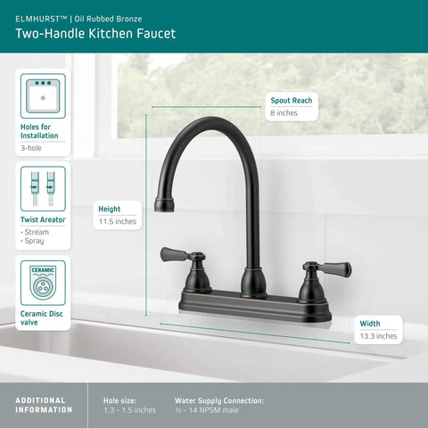 Elmhurst Two-Handle Kitchen Faucet With Twist Aerator, Deck Mount, Oil Rubbed Bronze, High Arc Gooseneck Spout, 360 Degree Swivel