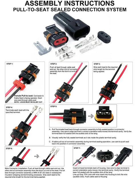 Assembly instructions for 4-Pack 2-Pin 46 Amp Waterproof Metri-Pack Connector Terminals and Seals for 10-12 AWG installation.