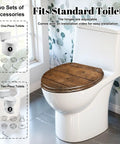Elongated Overhead view brown wooden table Toilet Seat on standard toilet with installation accessories in background.