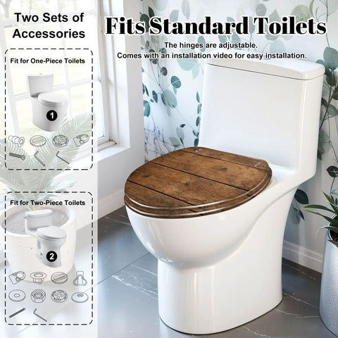 Elongated Overhead view brown wooden table Toilet Seat on standard toilet with installation accessories in background.