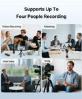 Image showing four scenarios using 4 Transmitter Wireless Lavalier Microphone System With Charging Case For iPhone iPad Android And Cameras 48kHz 24Bit Audio Intelligent Noise Cancellation Clean Vocals For Video Recording And Vlogging in meetings, video recording, interviews, and vlogs.