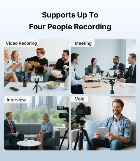 Image showing four scenarios using 4 Transmitter Wireless Lavalier Microphone System With Charging Case For iPhone iPad Android And Cameras 48kHz 24Bit Audio Intelligent Noise Cancellation Clean Vocals For Video Recording And Vlogging in meetings, video recording, interviews, and vlogs.