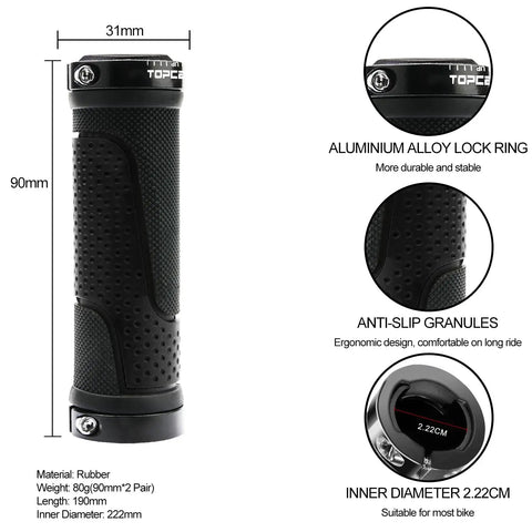 Two Tone Rubber Bike Handlebar Grips 90mm Short Length, Non Slip Grippy Ergonomic Comfort Grips For Most Standard Bikes, 2 Pack With Aluminum Double Lock Clamp diagram