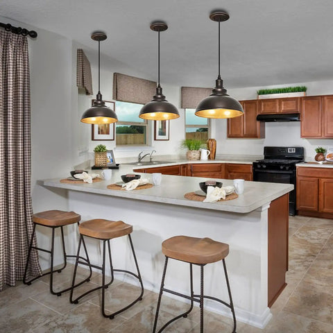 Three Pack Farmhouse Pendant Lights With Adjustable Height For Kitchen Island, Industrial Barn Style Ceiling Fixtures In Oil Rubbed Bronze With Gold Interior, Durable Metal Trio Lighting Over Island Sink