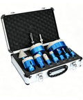 Ultimate 12-Piece Diamond Core Drill Bit Set with Adapters For Angle Grinder, Cutting Holes In Tile Marble Granite And Concrete Like A Pro. Open case with blue diamond core bits and adapters