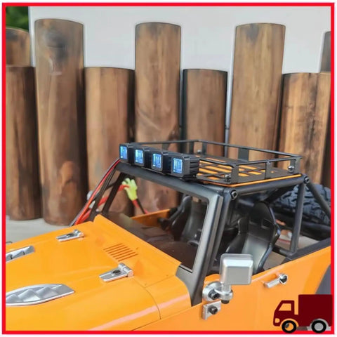 Badass Square Spot Light Fits H12Y 1/12 Scale Rc Crawler Rig on orange crawler with black roof rack.