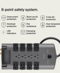 Surge Protector Power Strip With Eight Rotating Outlets And Four Standard Sockets, Eight-Foot Extension Cord, Flat Pivot Plug
