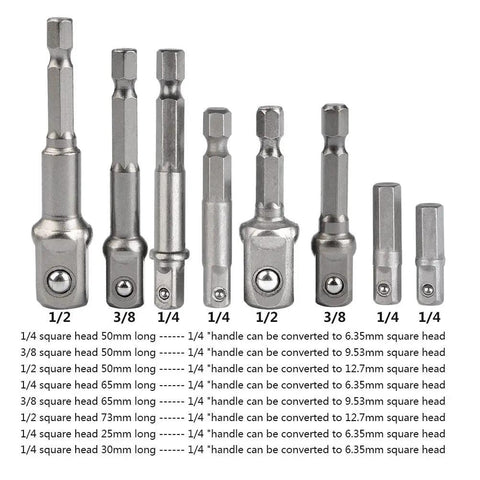 Heavy Duty 8 Piece Impact Adapter Set Built To Last For 1/4 Inch 3/8 Inch 1/2 Inch Hex Shank Square Nut Drill Extension Bit Set Made From Heat Treated Chrome Vanadium Steel With Secure Ball Bearing Heads displayed in a lineup.