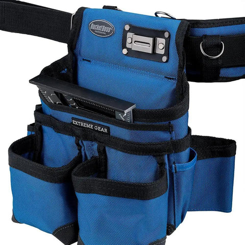 Three Bag Tool Bag Set With Suspenders In Royal Blue Heavy Duty 1680D Poly LoadBear Stretch Suspension showing pouches and fittings.