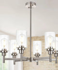Six Light Contemporary Brushed Nickel Chandelier With Clear Glass Cylinder Shades Modern Pendant Lighting Fixture