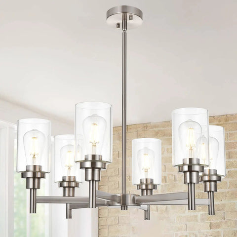 Six Light Contemporary Brushed Nickel Chandelier With Clear Glass Cylinder Shades Modern Pendant Lighting Fixture