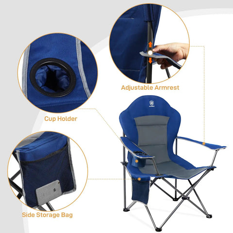 Two Pack Oversized Folding Camping Chair Set With High Back Padded Comfort Grab And Go Style Lightweight Steel Frame Portable Lawn Chairs For Outdoor Use Easy Fold Sturdy And Durable For Adults Grey with cup holder, adjustable armrest, and side storage bag