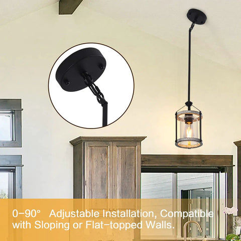 Rustic Wood And Glass Pendant Light With Matte Black Frame, Adjustable Farmhouse Lighting For Kitchen Island, Foyer