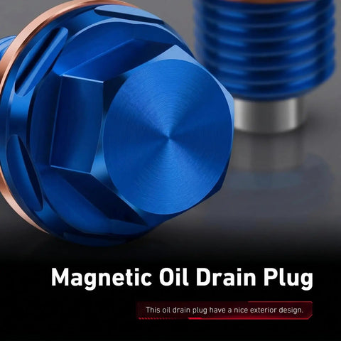 Upgrade Your Ride With This Sweet Blue M14 Aluminum Oil Drain Plug Featuring A Magnetic Catcher For Clean Engine Oil And A CNC Machined Anti Leak Gasket Kit That Works Perfectly As A Universal Fit For Most Cars And Trucks To Keep Your Motor Running. Blue M14 aluminum magnetic oil drain plug