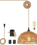 Boho Plug In Pendant Light With 15ft Golden Cotton Cord Handwoven Hemp Rope Lampshade Stepless Dimming Switch 360 Degree Lighting Cozy Warm Glow For Kitchen Hallway Living Room Bulb Included Two Swag Hooks Included