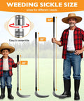 Man and child holding Long Reach Weeding Tool Set With Serrated Double Edged Blade, three adjustable sizes, in a field.