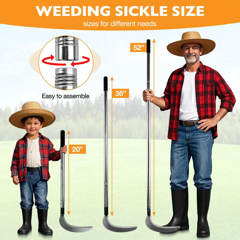 Man and child holding Long Reach Weeding Tool Set With Serrated Double Edged Blade, three adjustable sizes, in a field.