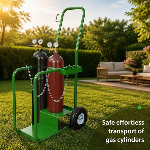 Heavy Duty Welding Gas Cylinder Cart For Dual Oxygen And Acetylene Tanks 440 Lb Capacity Hand Truck With Pneumatic Wheels Removable Compact Gas Tank Transport Cart For Workshop Or Garage, green steel cart with two cylinders and chain