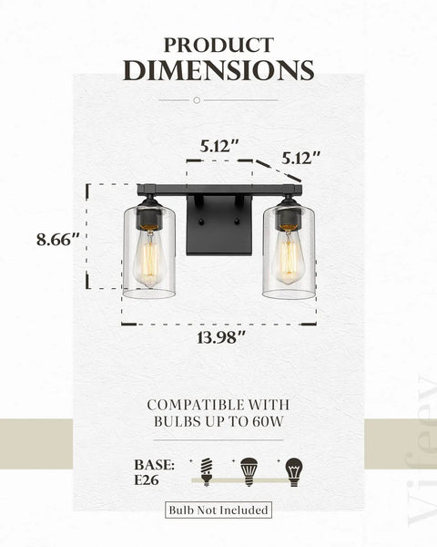 Farmhouse Vanity Light Two Light Fixture With Clear Glass Shades, Sleek Matte Black Wall Mount dimensions
