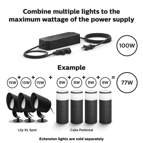 Diagram showing combination of 15W Lily XL Spot and 8W Calla Pedestal with Outdoor 8 Foot Low Voltage Light Cable With T Connector setup.